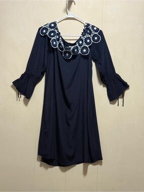 Loft Navy Floral Off Shoulder Crochet Yoke Midi Dress Sz XS